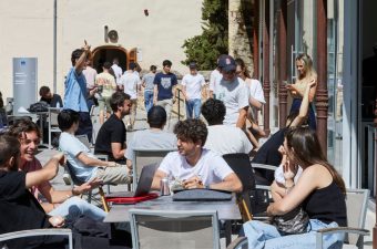 Students outside cafeteria segovia campus|||