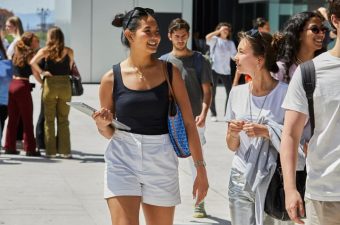 Students walking outside IE Tower|IE Tower Auditorium|IE Tower Auditorium|IE Tower Foyer