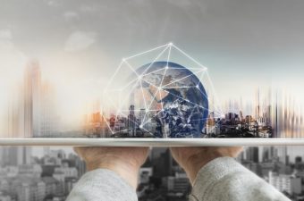 Hand,Holding,Digital,Tablet,With,Global,Network,Connection,Technology,And